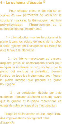 4 - Le schéma d’écoute ©

    Pour chaque pièce a été réalisé un schéma d‘écoute permettant de visualiser la structure musicale, la thématique, l’écriture polyphonique,  l’intervention ou la superposition des instruments. 
    
    1 - L’introduction montre la guitare et la piano jouant les éclats de rubis de la robe, bientôt rejoints par l’accordéon qui laisse sa note tenue à la clarinette.

    2 - Le thème majestueux au basson, (registre grave et aristocratique choisi pour  évoquer la noblesse du vin), soutenu par le piano qui marque la pulsation, permet l’entrée de tous les instruments pour figurer le plaisir intense que procure ce grand bourgogne.

    3 - La conclusion débute par trois cadences (basson-clarinette-basson) avant que la guitare et le piano reprennent les éclats de rubis en rappel de l’introduction. 

    Il s’agit ici de la version courte, dépouillée des improvisations qui figurent dans Esszencia